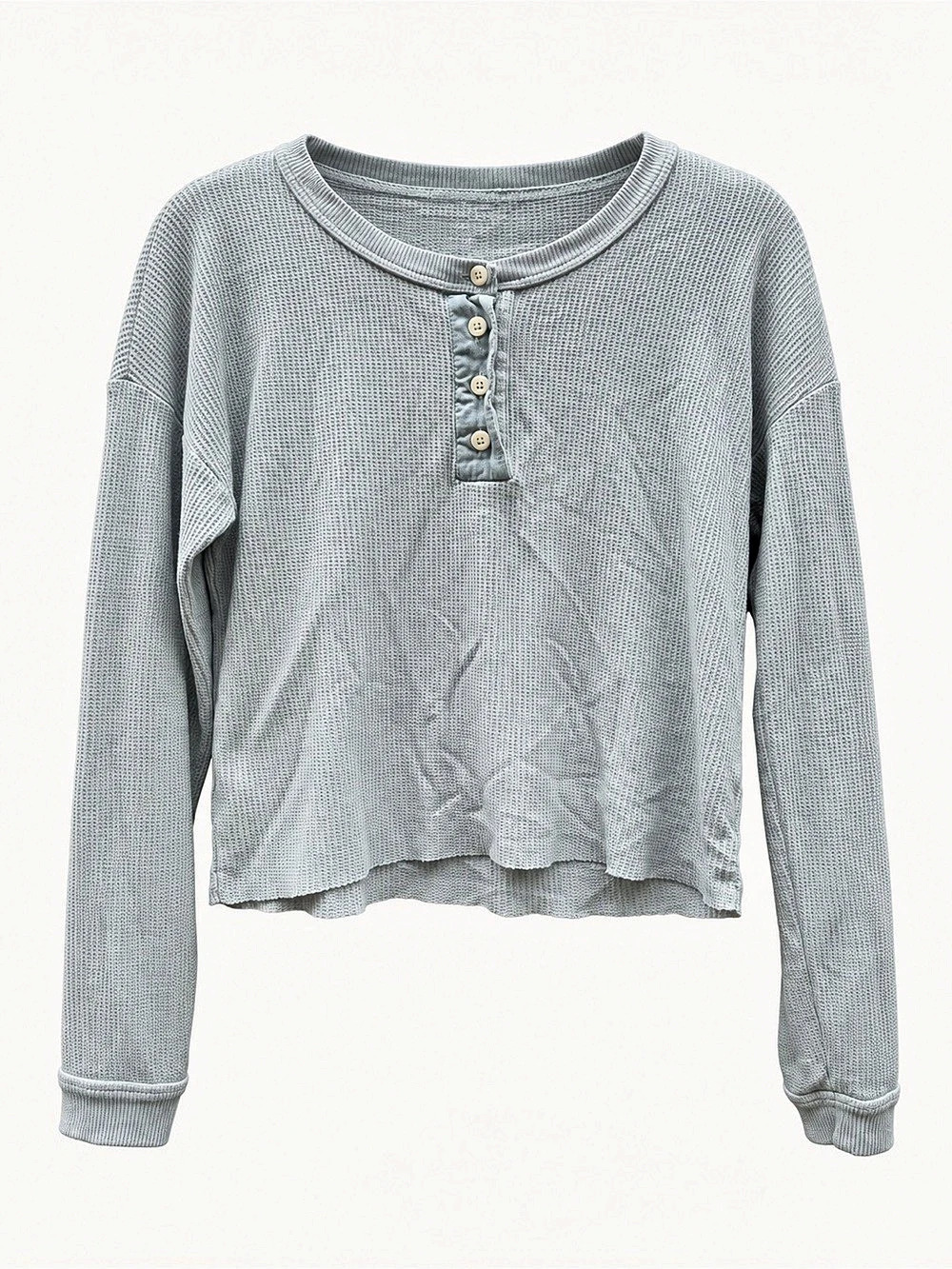American Eagle XS Sage Green Waffle Knit Cropped Henley Top - Picture 1 of 5